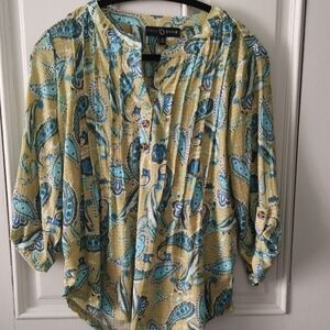 Fred David Paisley V Neck Top blue& green. Cottagecore, Coastalgrandma. Size Med